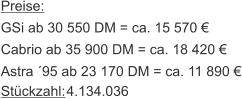 Preise: GSi ab 30 550 DM = ca. 15 570 € Cabrio ab 35 900 DM = ca. 18 420 € Astra ´95 ab 23 170 DM = ca. 11 890 € Stückzahl:   4.134.036