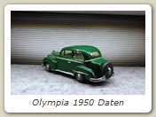 Olympia 1950 Daten
Hier gab es drei Karosserieformen: 2-türige Limousine und Cabrio-Limousine, sowie eine Kombinationslimousine (siehe Modelljahr 1951).
Opeldaten:
Motor:1,5l mit 37 PS bei 112 km/h.
Stückzahl: 46.636 (davon 5.819 Kombis)
Preis: 6.785 DM = ca. 3.480 Euro